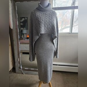 Gray Cable-Knit Turtleneck Sweater Dress Set